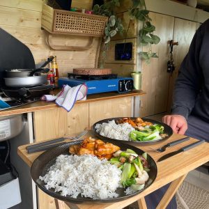 2 plates on a table inside the campervan. They have sticky chicken, rice and pak choy