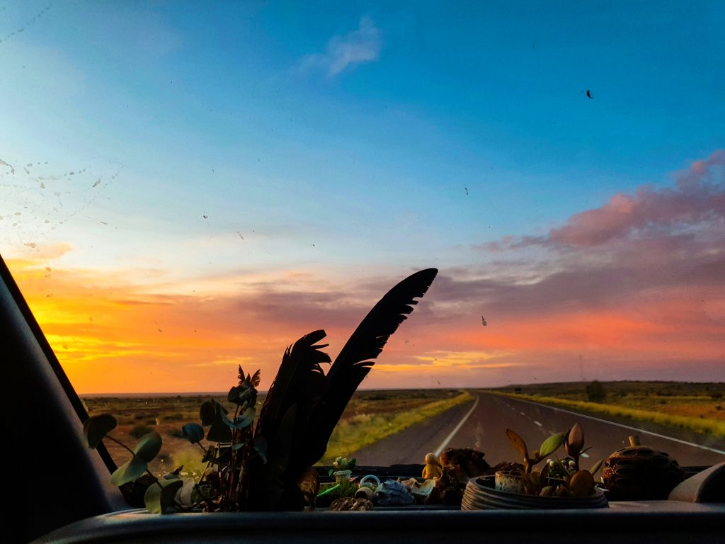 View through the windscreen. Plants and trinkets are on the dash in the foreground, with an empty road a beautiful sunset in the background.