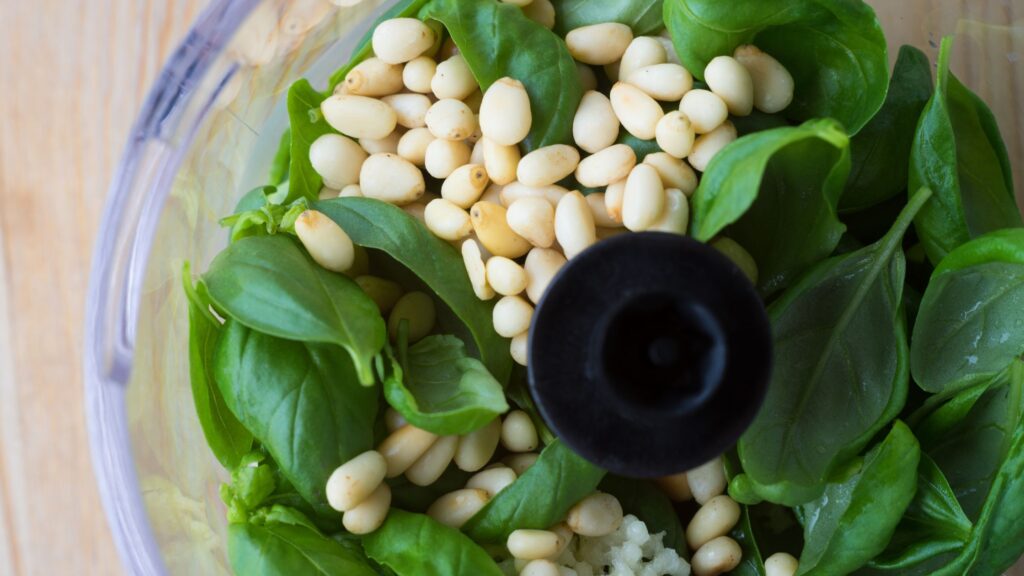 pesto in a manual blender